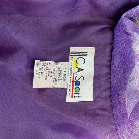 VTG CA Sport 100% Silk Full Zip Jacket Womens M Leaf Floral Pocket Purple - Picture 6 of 9
